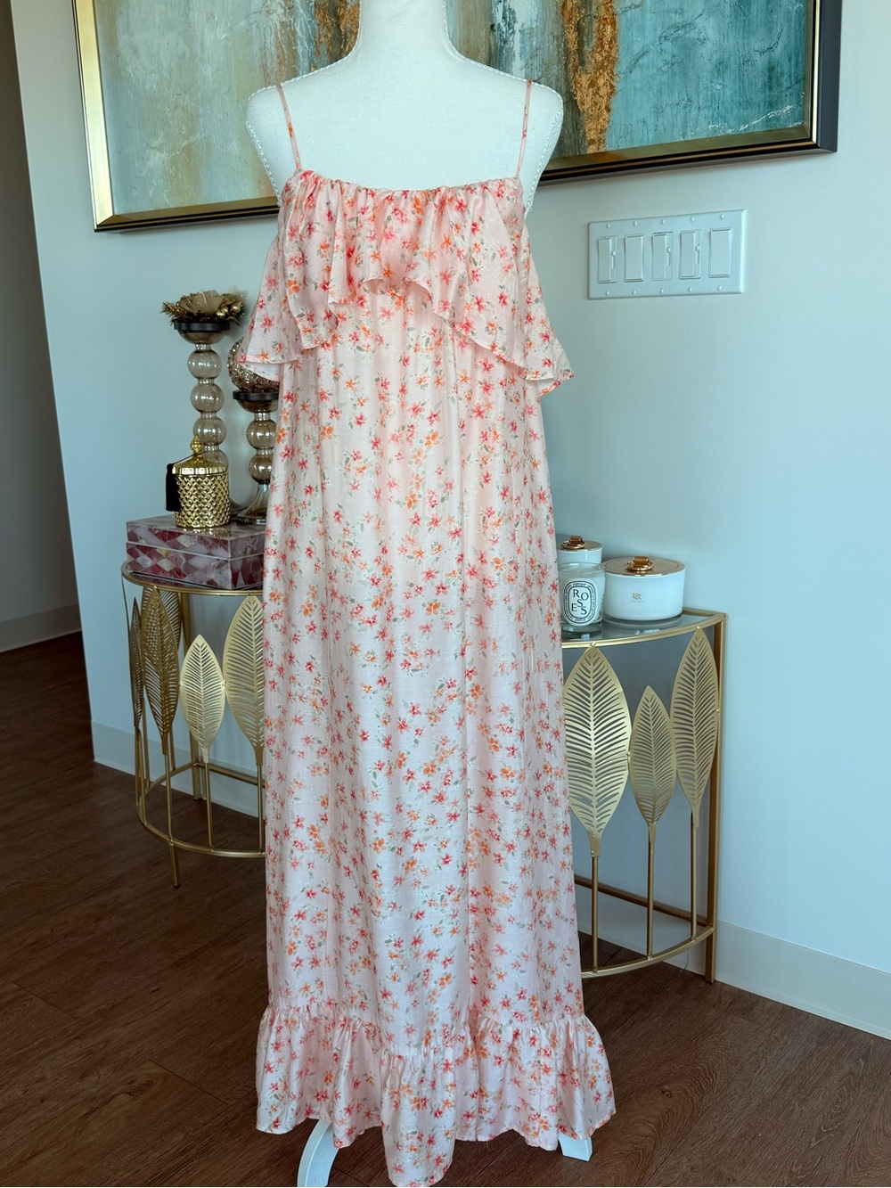 H&M Peach-Pink Floral Ruffle Spaghetti-Strap Maxi Dress